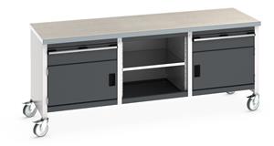 Bott Cubio Mobile Storage Workbench 2000mm wide x 750mm Deep x 840mm high supplied with a Linoleum worktop (particle board core with grey linoleum surface and plastic edgebanding), 2 x 150mm high drawers, 2 x 350mm high integral storage cupboards... 2000mm Width Mobile Industrial Storage Bench with cupboards & Drawers